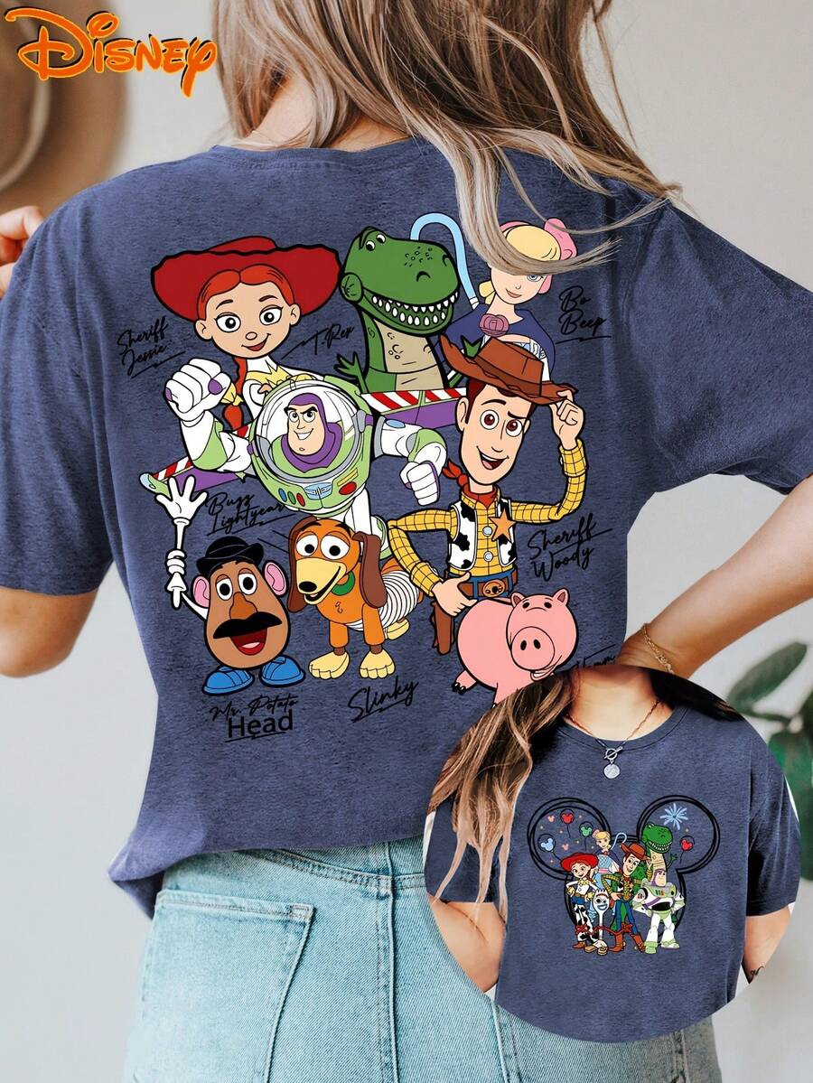 (Authorized By Disney Genuine) T-Shirts Printed Before And After The Signature Of All Members Of Toy Story, Buzz Lightyear Woody+All Members Of The Toy Family+All Members Of The Role Signature Cotton Tops, The Fabric Is Soft, Comfortable And Breathable, Suitable For Daily Wear, Shopping, Travel, Parties And Home Use. It Is Also Suitable As A Beautiful Gift. Every Woman Should Have One. - 藏蓝色 - 查看 1