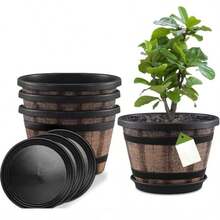 3pcs Large Thick Flower Pots With Drainage Holes And Trays - Vintage Brown Plastic Barrel Design, Suitable For Indoor/Outdoor Garden, Household Plants, Durable And Stylish Decor, Indoor Planters, Outdoor Planters, Rustic Aesthetics, Sturdy Structure - New Model - View 11
