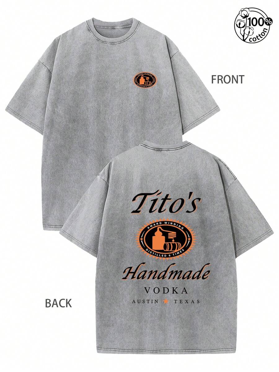 Tito's Handmade Vodka Vintage Washed T-Shirt | 100% Cotton Gray Alcohol Lover Graphic Tee | Casual Austin Texas Drinking Party T-Shirt,230G Washed High-Quality Cotton Printed Men's T-Shirt; Suitable For Street Retro And Outdoor Sports And Leisure, It Is An Ideal Choice For Drinking Vibes, Alcohol Lover, And Wine Enthusiasts - 黑色 - 查看 1