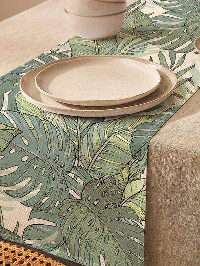 1 pieza Camino de mesa/individual de lino con estampado de bambú y concha de tortuga tropical bohemio, adecuado para vacaciones, fiestas, cumpleaños, cenas, decoración de cocina y comedor, cubierta para mueble de zapatos, decoración de temporada y textil para el hogar