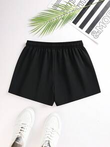 Women's Casual Sports Shorts, Black & Gold Striped Drawstring Waist Shorts With "06" Print, Breathable & Comfortable Sports Shorts Summer - Black - View 3