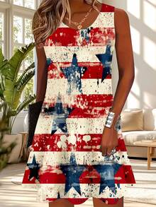 Women Sleeveless Dress |   Red White Blue American Flag Stars And Stripes Patriotic Print Casual Summer Outfit For Independence Day Celebration |   All-Over Print, Crew Neck, Slight Stretch Fabric, Perfect For Casual Everyday Wear - Multicolor - View 1