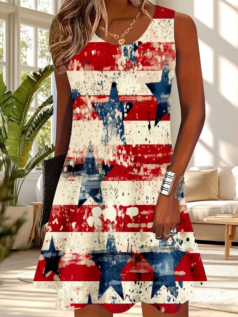 Women Sleeveless Dress |   Red White Blue American Flag Stars And Stripes Patriotic Print Casual Summer Outfit For Independence Day Celebration |   All-Over Print, Crew Neck, Slight Stretch Fabric, Perfect For Casual Everyday Wear - Multicolor - View 1