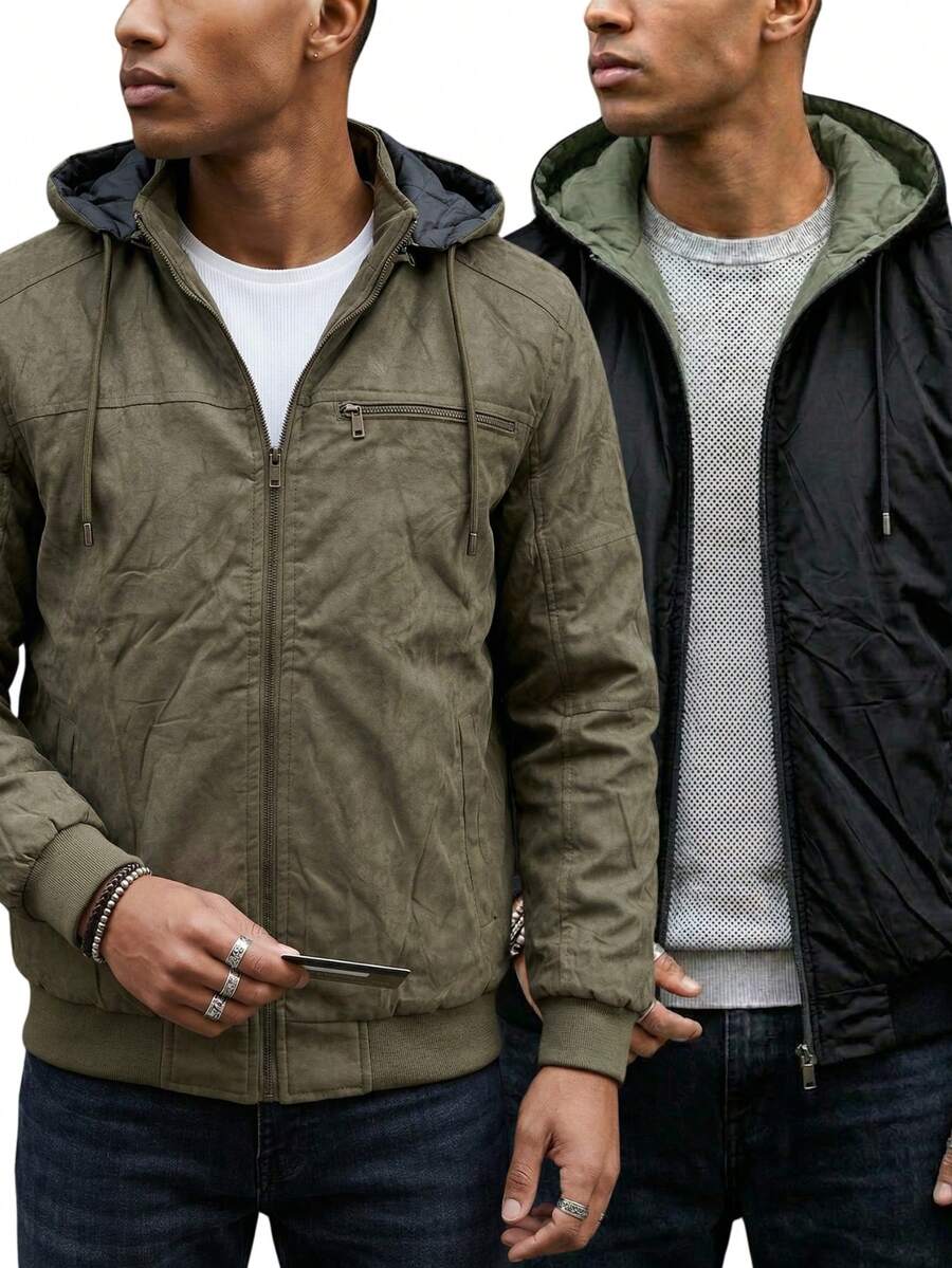 Men's Suede Jacket, Warm Lined Coat For Intense Cold Winters, Lined With Pockets - Green - View 1
