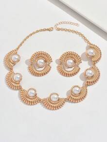 2 Peças Conjunto de Colar e Brincos com Padrão de Concha Falso Pérola, Estilo Europeu e Americano, Luxuoso, Elegante Vintage para Festa - Amarelo dourado + branco - Visão 2