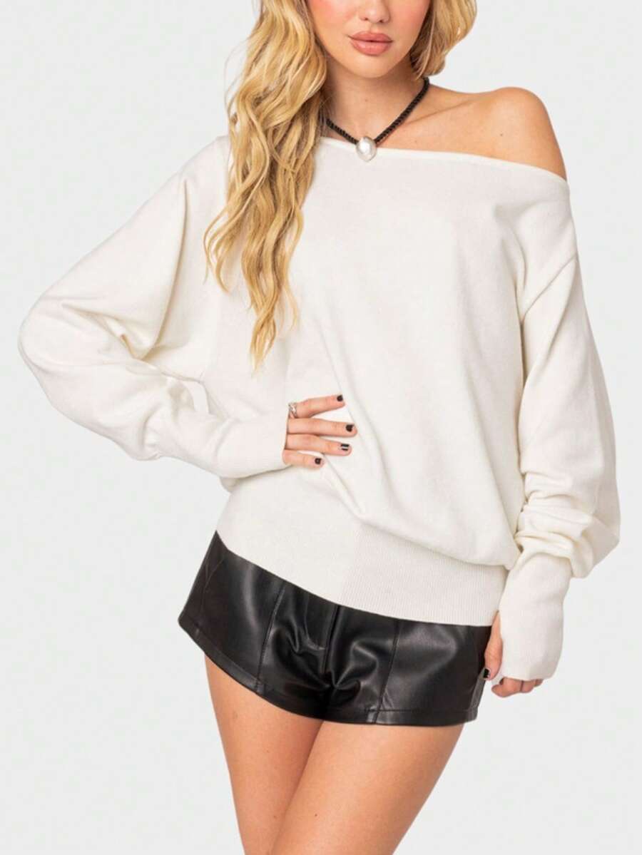 Edikted Women's Off The Shoulder Sweatshirt Casual Long Sleeve Loose Fit Oversized Pullover Top - Kem - Xem 1