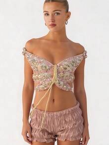 Y2K Women's 3D Butterfly Sequin Crop Top, Off Shoulder Cut Out Tie Front Glitter Top For Festival Rave Vacation - 淺綠 - 查看 5