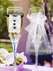 2 piezas Decoración de boda para copa de vino de novia y novio, tapa de botella de champán, decoración de fiesta de compromiso y San Valentín - en blanco y negro - Ver 5