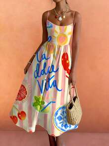 女士夏季度假风无袖连衣裙，饰有海洋、龙虾、柠檬和字母印花 - 彩色 - 查看 5