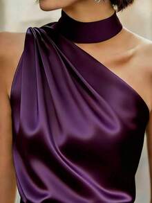 Women's Elegant Off-Shoulder Sleeveless Top, Loose Fit, Satin Fabric, Asymmetric Ruched Design, Suitable For Evening Dates, Valentine's Day, Spring/Summer Casual Occasions - Purple - View 4