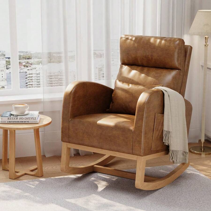 Huisuilinss Nursery Rocking Chair With/Without Footrest,Modern Glider Rocking Chair With Side Pockets And Pillow,Accent Armchair,Nursery Chair For Living Room Bedroom Nursing Room - Orange PU Without Footrest - View 1