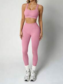 OMKAGI  Women's Seamless Casual Two-Piece Set - Stylish Back Strap Backless Top High-Waisted Tummy-Reducing And Hip-Raising Yoga Pants Yoga And Pilates Set European Style Streetwear Set - Hồng - Xem 1