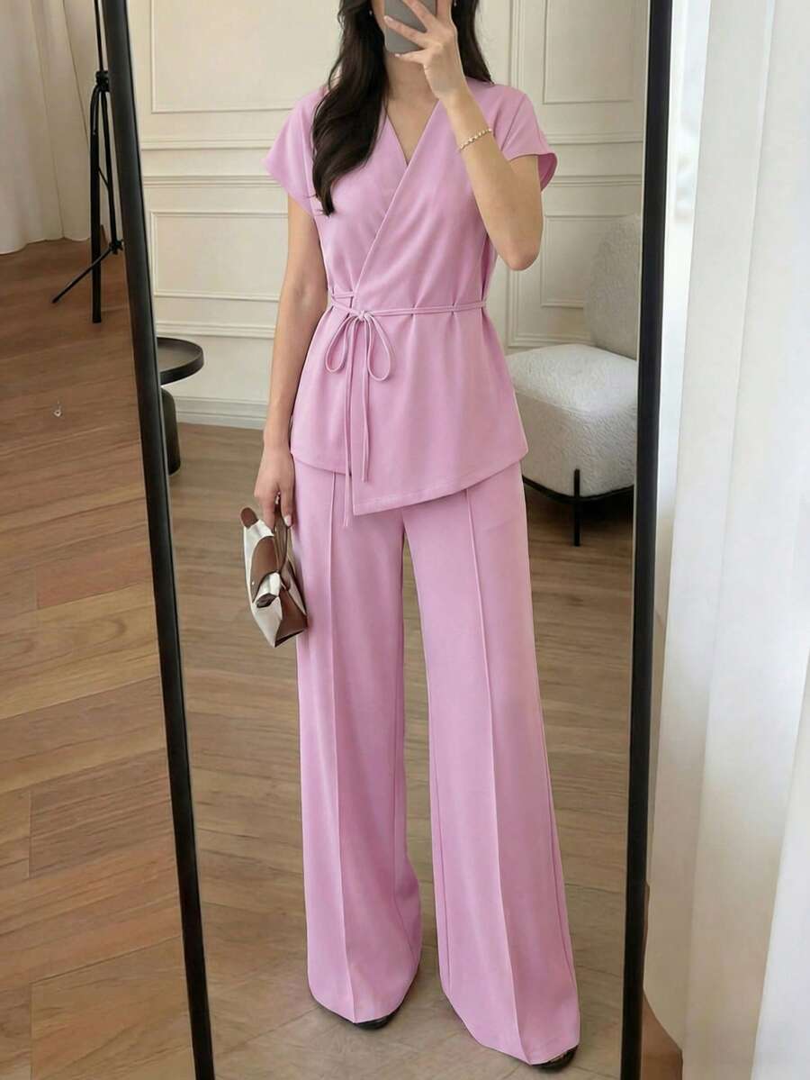 Women's Elegant Pink Lapel Cinched Waist Sleeveless Top And Wide Leg Pants Set, Suitable For Casual Daily And Commuting, Summer - Pink - View 1