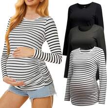 3 Pack Crew Neck Long Sleeve Maternity Tops, Stretchy Side Ruched Pregnancy Casual Tee Shirts, Soft Breathable Basic Mama Daily Loungewear For All Trimesters & Postpartum - 黑色/深灰色/白色條紋 - 查看 1