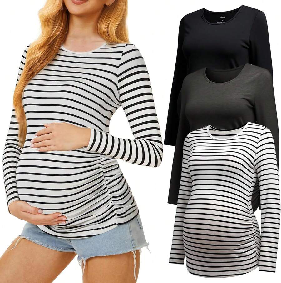 3 Pack Crew Neck Long Sleeve Maternity Tops, Stretchy Side Ruched Pregnancy Casual Tee Shirts, Soft Breathable Basic Mama Daily Loungewear For All Trimesters & Postpartum - 黑色/深灰色/白色條紋 - 查看 1