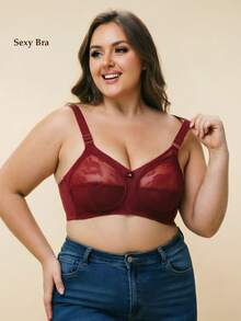 1pc Women's Sheer Lace Nylon Bra, Wireless & Non-Padded With Breathable Sexy Simple European & American Style, Plus Size For Home, Office And Outdoor Wear, Lingerie, Lift - Burgundy - View 43