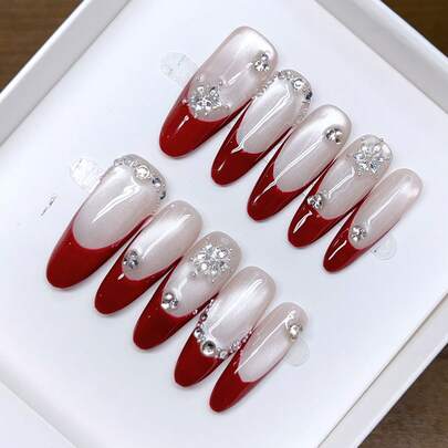 Pure Handmade Press-On Nails, Long Oval Shape, Hand-Painted Red French Cat Eye Design, High-Quality Elegant Minimalist Nail Art With Rhinenlay, Gentle And Cute Nails, Unique Niche Creative Fake Nails, Daily Nail Art, Cute Modern Style Nails, Suitable For Daily Use, Spring And Summer Nails, Detachable And Reusable, Le For Women And Girls To Attend Parties