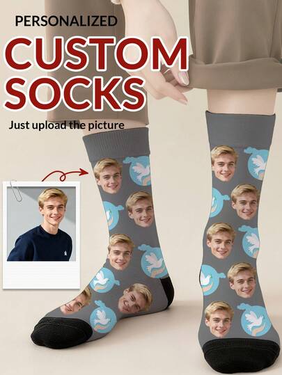 1 Pair Christmas-Themed Personalized Photo Print Crew Socks For Men, Couples Socks, Customizable With Personal Photos. Fun Couples Socks, Comfortable & Breathable, Creative Cartoon Design. Ideal Gift For Holidays, Birthdays, Valentine's Day. Provides Peace Dove And International Peace Day Themed Styles, Multiple Color Options