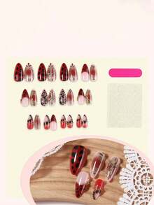 24片Y2K红色豹纹美甲贴片，复古金色十字架长款尖头假指甲，手工制作可重复使用亚克力指甲 - 彩色 - 查看 4