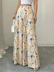 Plus Size Women Floral Print Wide Leg Bohemian Style Elastic Waist Pants Vacation - Apricot - View 4