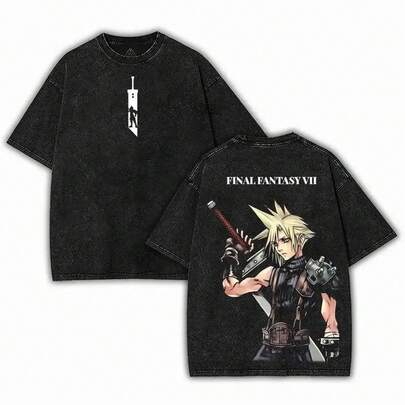 Camiseta gráfica unisex lavada de  7, camiseta casual de manga corta con cuello redondo y diseño de Cloud Strife, ropa de calle de algodón de  VII, regalo perfecto para hombres y fans de cosplay.