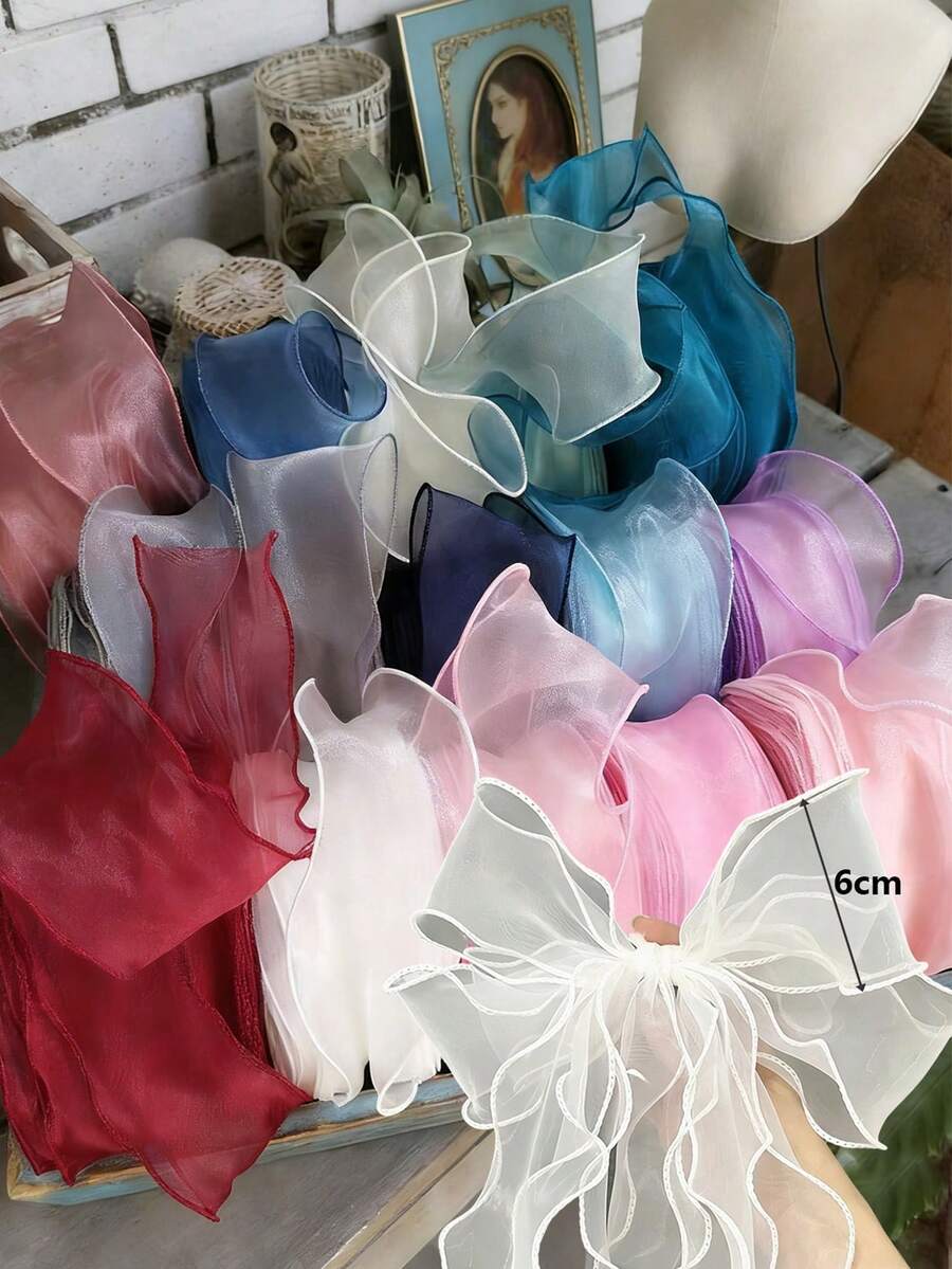 Cinta de organza de seda con onda de 6 cm de ancho y 5 m de largo, material para lazos, adornos para el cabello, manualidades DIY, envoltura de regalos, decoración y encaje - multicolor - Ver 1