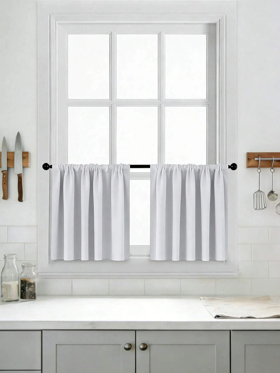 1pc High Blackout Solid Color Curtain Fabric, UV-Resistant Polyester With Rod Pocket Top Design, Easy To Hang, Year-Round Blackout, Suitable For Kitchen, Living Room, Office Decoration - White - View 1