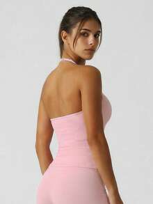 Sodalemon Canotta da donna con spalline regolabili e schiena a racer, reggiseno sportivo con imbottitura elastica per fitness, palestra, yoga, attività casual all'aperto - Rosa - Visualizzare 4