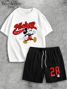 Disney Authorized Short Sleeved Printed T-Shirt And Shorts Set,Mens 2 Piece Outfits, Patterned T-Shirt And Shorts Set, Suitable For Family Travel And Vacation. Suitable For Both Men And Women. Comfortable And Breathable. - 黑色+白色 - 查看 2