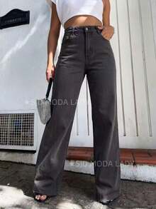 SJD MODA LADY Wide Leg Jeans For Teenagers, Women's Palazzo Jeans, Flare Jeans, Mom Jeans Without Elastane, Ripped Hem, Straight Leg, Casual, Simple, Sexy, Skinny, With Button, Zipper, Pocket, Top Jeans In Fashion, Romantic, Retro, Casual, Chic, College, Minimalist, Versatile, Korean, Y2K, Teen, Youth - 灰色有腰帶 - 查看 3