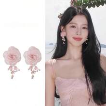 2PC Pink Mesh Flower High-End Forest Style Tassel Niche Women's Earrings - 粉色 - 查看 1