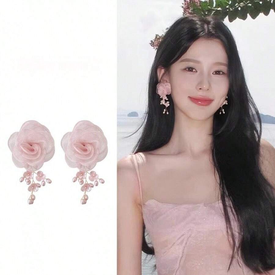 2PC Pink Mesh Flower High-End Forest Style Tassel Niche Women's Earrings - 粉色 - 查看 1