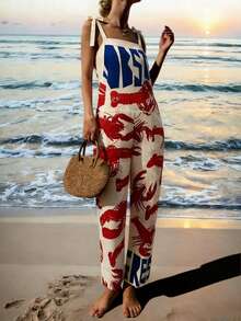 Bộ áo liền quần nữ dáng rộng, thoải mái, phối màu hình tôm hùm và chữ cái, phù hợp cho kỳ nghỉ xuân/hè thanh lịch. - Nhiều màu - Xem 8