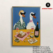 1件/套趣味鸭子帆布墙画，葡萄酒与晚餐插画帆布海报印刷品，复古油画风格，美观的厨房餐厅装饰，帆布画，无框 - 復古的 - 查看 12