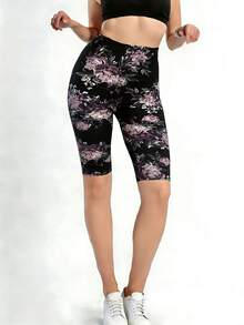 Quần short đen dài 5 inch với họa tiết hoa tím, kiểu legging ôm sát, đa năng cho các hoạt động thường ngày, ngoài trời, yoga, thể dục, đi bộ, kỳ nghỉ hè. - màu đen - Xem 4