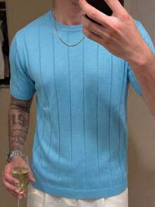 男士罗纹圆领短袖针织衫，春夏款 - 淺藍色 - 查看 3