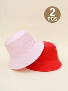 2pcs Kids Solid Color Bucket Hat, Unisex Casual Versatile Sun Protection Hat For Outdoor, Students - Pink + Red - View 1