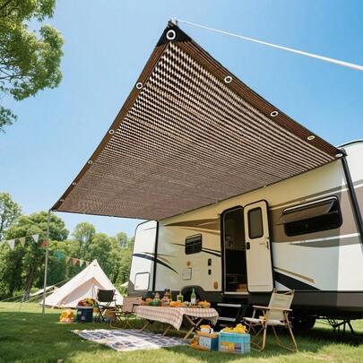 咖啡色遮阳网，带孔眼设计，适用于植物遮阳、庭院遮阳、花园凉亭、温室、车棚、狗屋等。