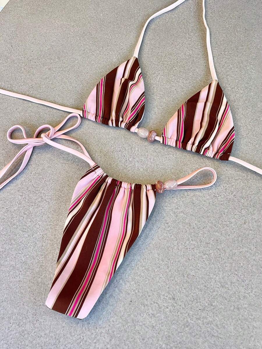 Bikinx 休闲可爱女士挂脖比基尼套装，条纹图案，露背系带，饰有串珠细节，侧边系带下装 - 彩色 - 查看 1