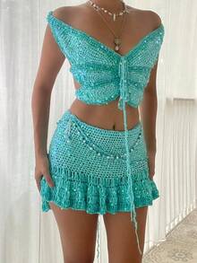 Y2K Women's 3D Butterfly Sequin Crop Top, Off Shoulder Cut Out Tie Front Glitter Top For Festival Rave Vacation - Sky Blue - View 2