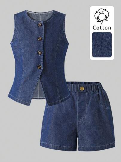 Girls Denim Set, Fashionable Casual Solid Color Minimalist Sleeveless Denim Vest Top And Denim Shorts 2-Piece Set, Summer