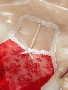 Women's Red & White Lace Sheer Backless Halter Neck Sexy Nightgown, Bow Design, Suitable For Wedding Bridal Lingerie Sexy Sleepwear - Red - View 10