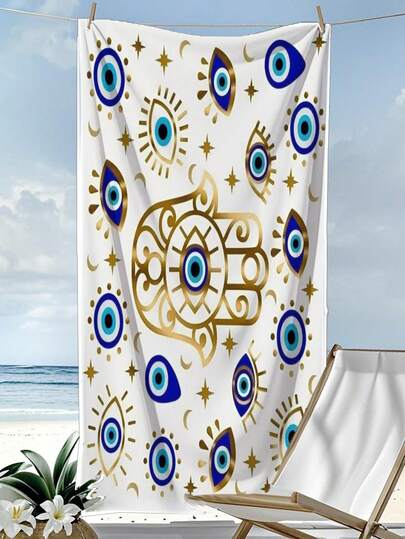 【250克超柔软速干】沙滩巾 | 70*140厘米/90*180厘米可选 | 哈姆萨之手图案印花 | 高吸水性便携泳巾，浴室装饰，沙滩巾 | 适用于夏季海滩、游泳、旅行、露营、健身