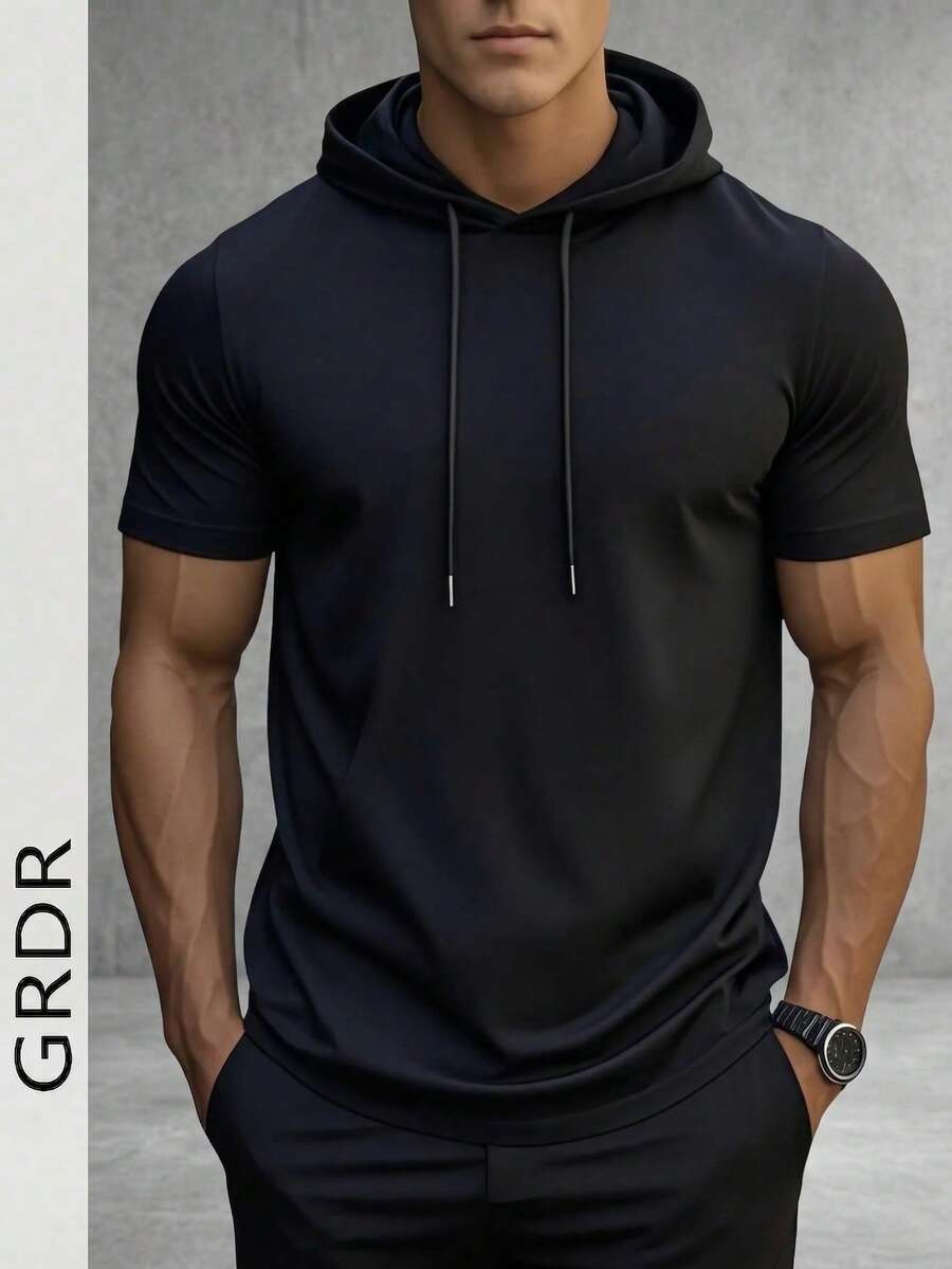 GRDR 男士夏季休闲运动连帽短袖T恤，时尚简约纯色短袖，适合跑步和日常穿着