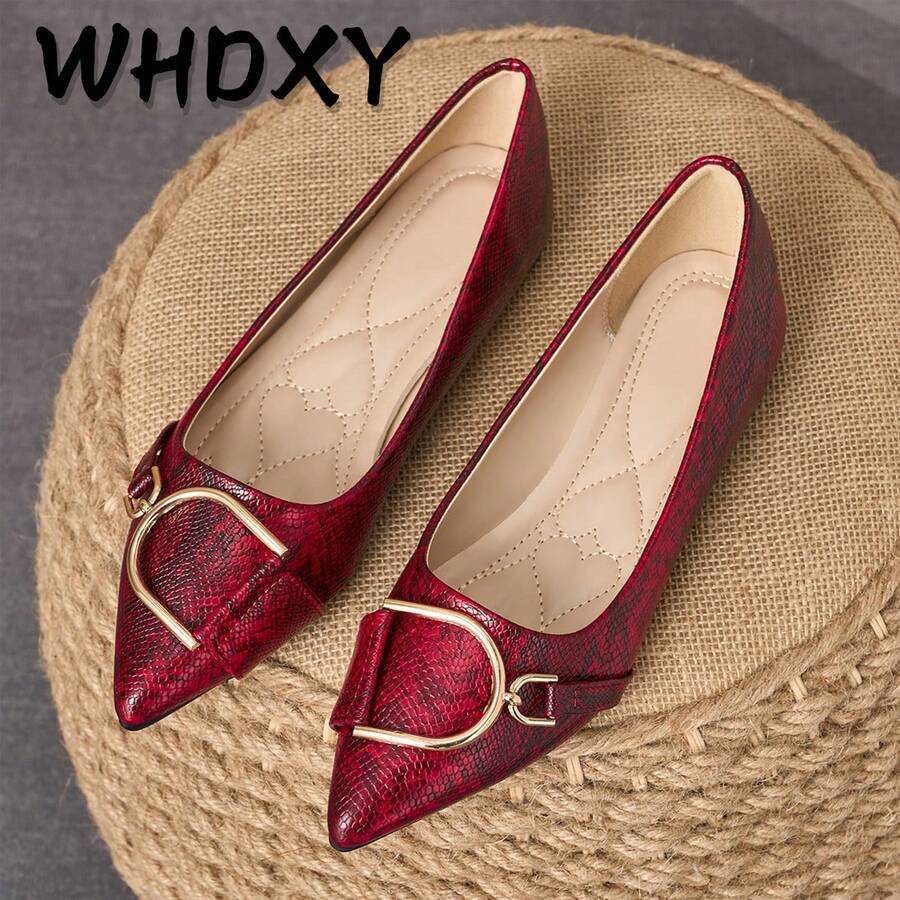 WHDXY Red Snake Skin Pattern Metal Buckle Pointed Toe Shoes, Soft Sole, Suitable For Workplace/Mature Style, Essential For New Professionals - Red - View 1