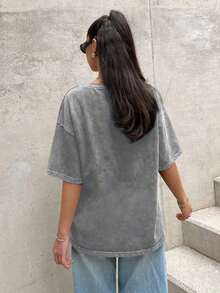 2026 Loose Fit Vintage Style Green Knitted Distressed Casual T-ShirtLoose And Comfortable Casual Streetwear, Summer Loose Fit, Oversized Graphic Tee, - 灰色 2 - 查看 3