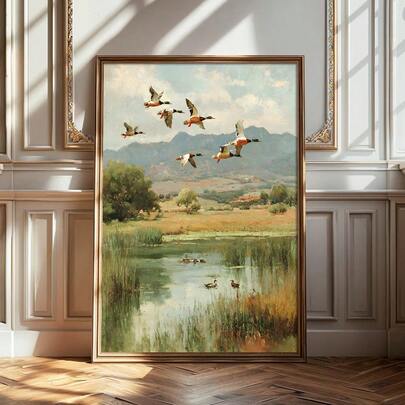 Tranh canvas phong cảnh đồng quê mộc mạc, có khung/không khung, hình vịt trời đang bay, thích hợp trang trí nhà nông thôn, nhà nghỉ săn bắn, nhà gỗ, nhà ở hiện đại.
