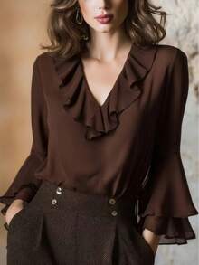 Áo kiểu nữ thanh lịch cổ chữ V xếp ly bằng vải chiffon với tay dài loe rộng, thích hợp cho mùa xuân. - màu nâu - Xem 8