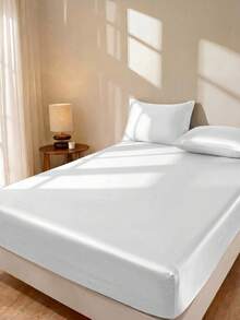 1pc Pure White Satin-Like Silk Fitted Sheet, Includes 1 Fitted Sheet, Valentine's Day Mattress Cover, Modern Soft Bedding Set, Fits Twin, Full, Queen, King Size Beds, Deep Pocket Design Up To 11.8 Inches, Breathable & Wrinkle-Resistant, Machine Washable - Blue and White - View 4