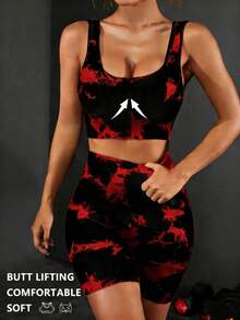 2PS Women's Tie-Dye Fashion Sports Vest And Shorts Set, Featuring A Fitted Waist And Bust, High Waist And Hip, Suitable For Various Sports And Fashionable Sexy Outfits. - 黑色 - 查看 8